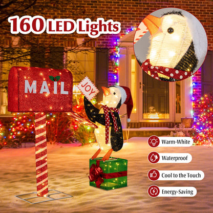 DirectDeals lit mailbox and penguin decoration; red glitter mailbox with holly penguin on gift on Tampa Home & Garden Store