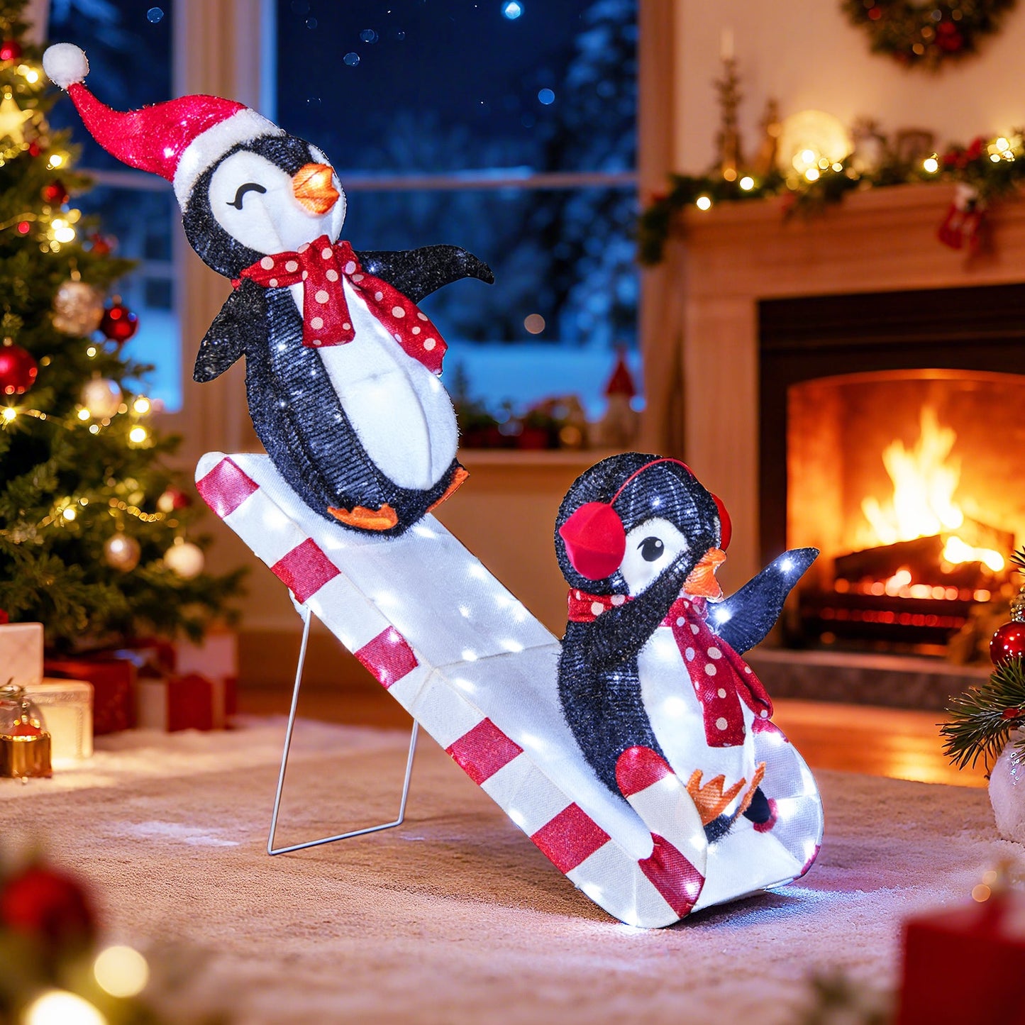 Lighted Penguin Slide decoration; penguins in red scarves, 170 LEDs DirectDeals on Tampa Home & Garden Store