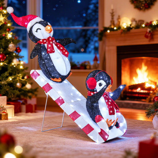 Lighted Penguin Slide decoration; penguins in red scarves, 170 LEDs DirectDeals on Tampa Home & Garden Store