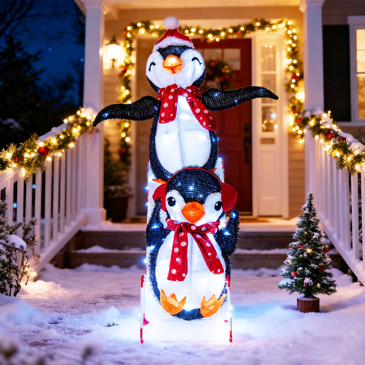 Lighted 3D penguin stack with red polka-dot scarves and 170 LED lights on Tampa Home & Garden Store