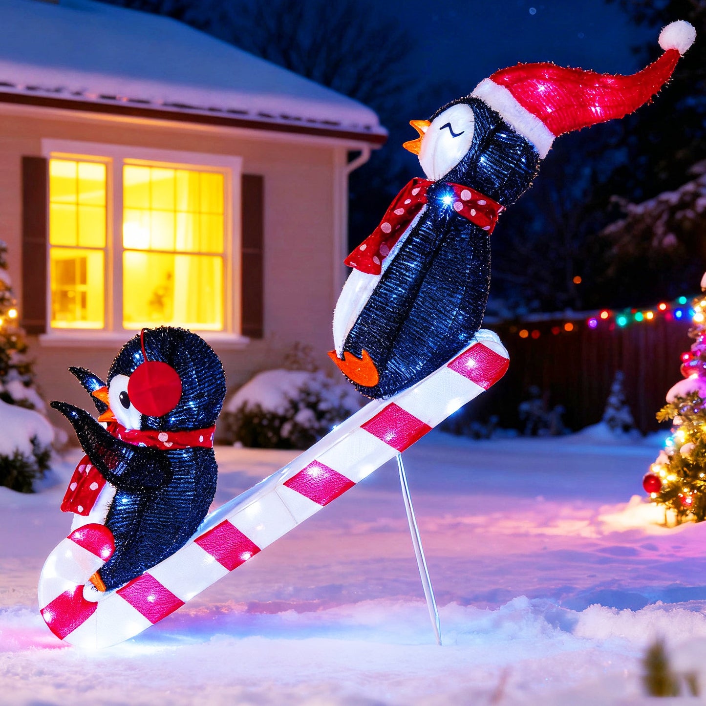 Lighted penguin Christmas decoration duo on candy cane pole with red scarf and 170 LEDs on Tampa Home & Garden Store
