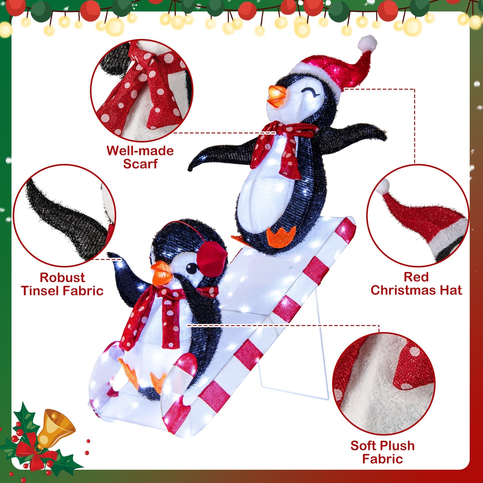 Lighted penguin with 170 LED lights, 3D pre-lit penguin on slide wearing a red scarf on Tampa Home & Garden Store