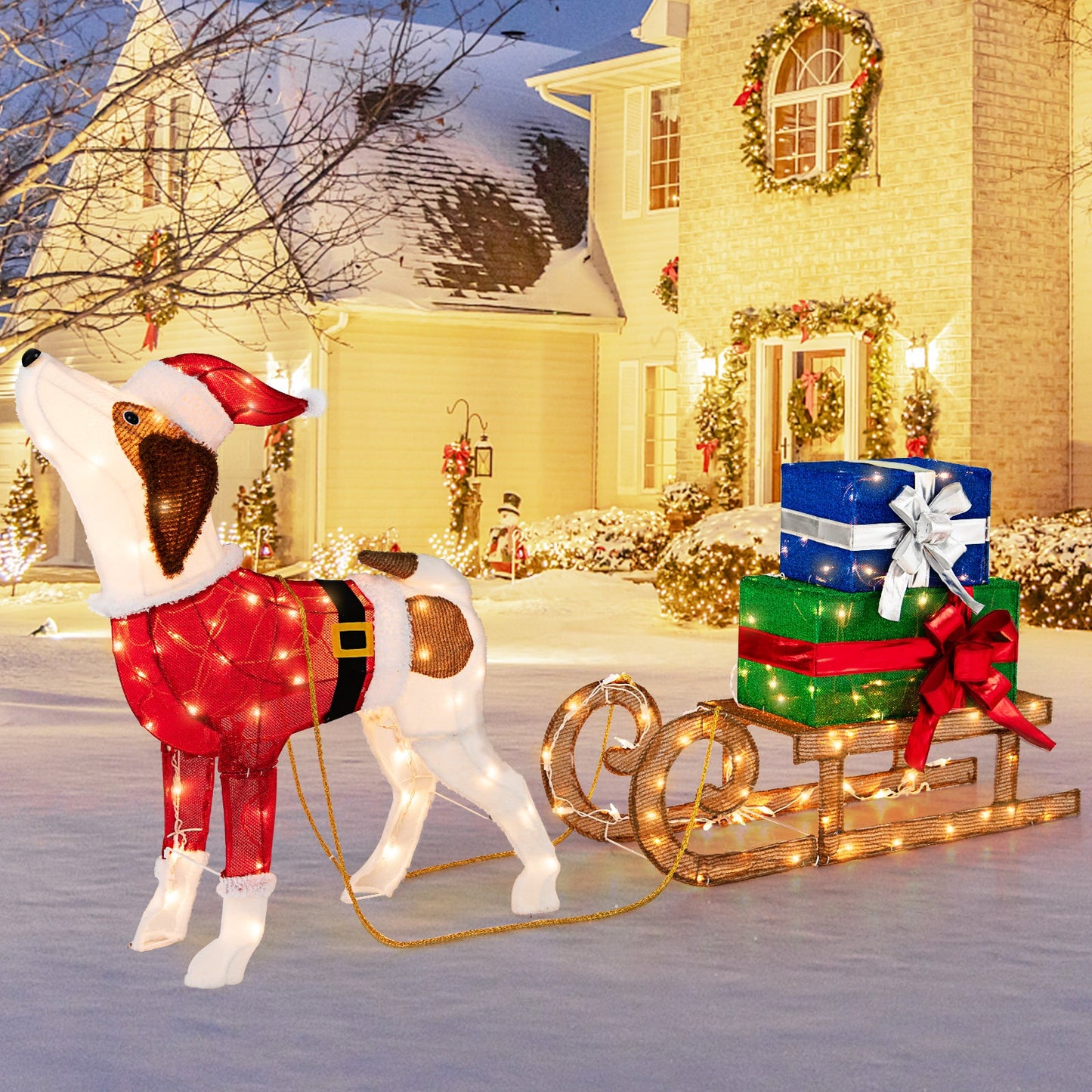 Outdoor pre-lit Xmas white dog and sleigh lawn ornament with 170 warm lights on Tampa Home & Garden Store