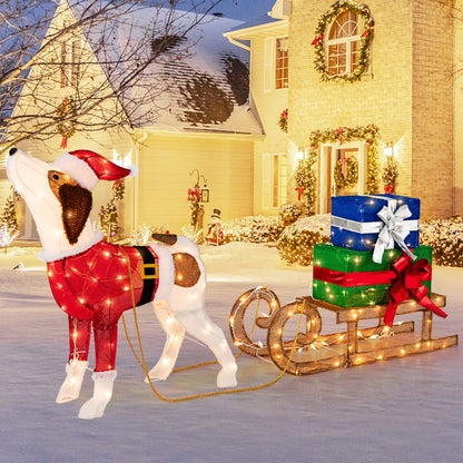 Outdoor pre-lit Xmas white dog and sleigh lawn ornament with 170 warm lights on Tampa Home & Garden Store