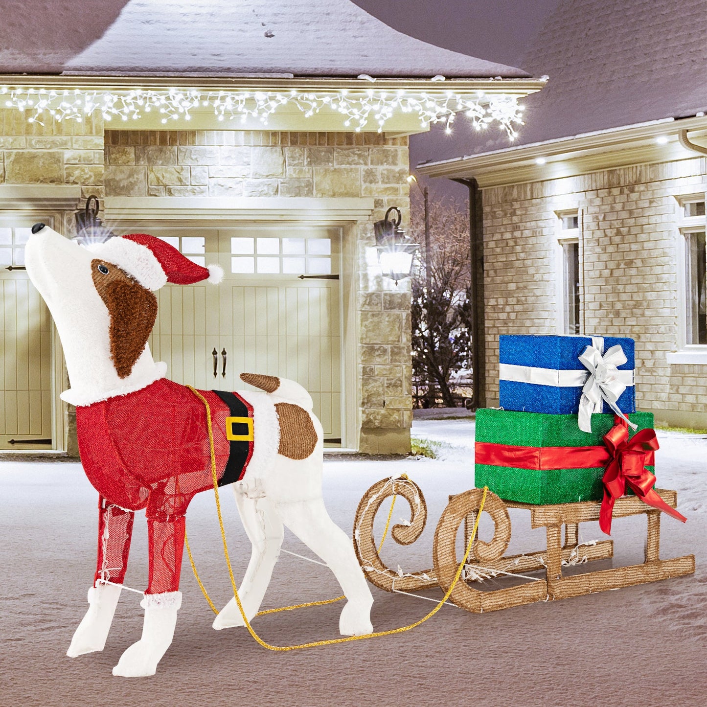 DirectDeals outdoor pre-lit Xmas dog and sleigh with 170 warm lights for porch on Tampa Home & Garden Store