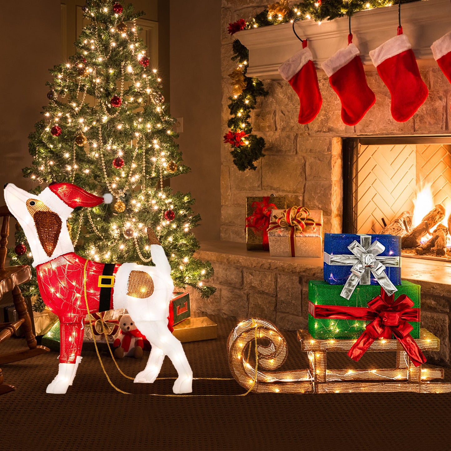 Outdoor Pre-lit Xmas Dog and Sleigh with 170 warm lights DirectDeals for porch on Tampa Home & Garden Store