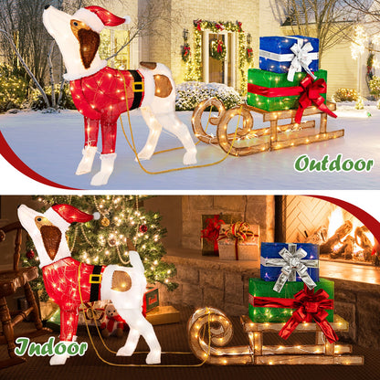 Outdoor pre-lit Xmas dog and sleigh lawn ornament with 170 warm lights on porch on Tampa Home & Garden Store