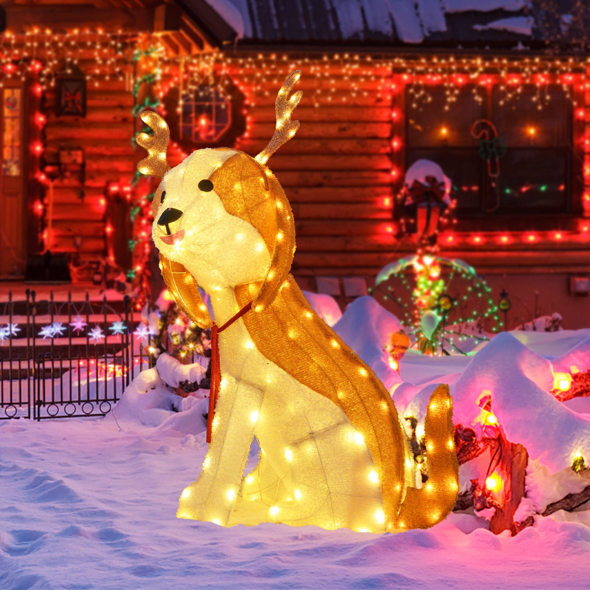 Decorative illuminated reindeer lawn statue with warm white lights in snowy yard on Tampa Home & Garden Store