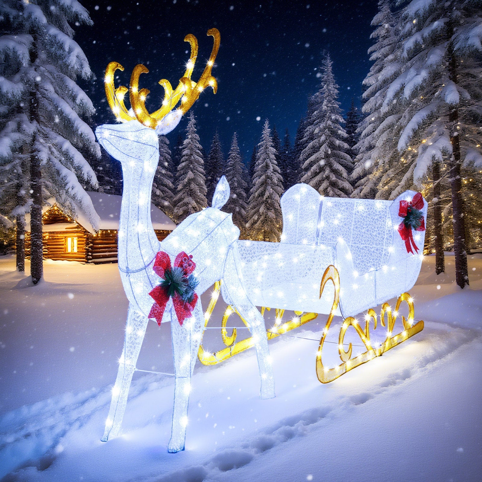 6 ft lighted reindeer and Santa sleigh with 4 stakes, white illuminated yard decor in snow on Tampa Home & Garden Store