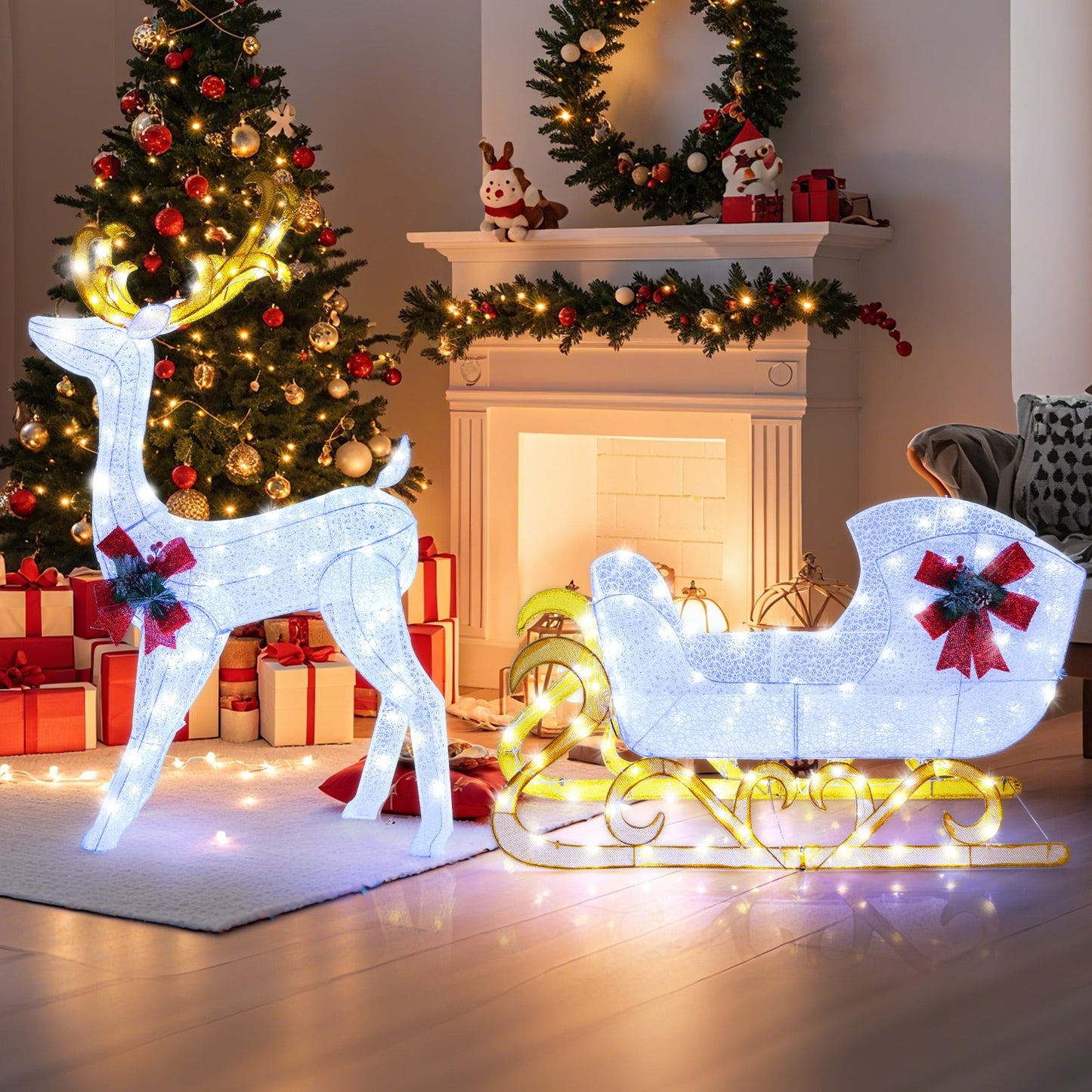 6 ft lighted reindeer and Santa's sleigh with 4 stakes; white illuminated figures on Tampa Home & Garden Store