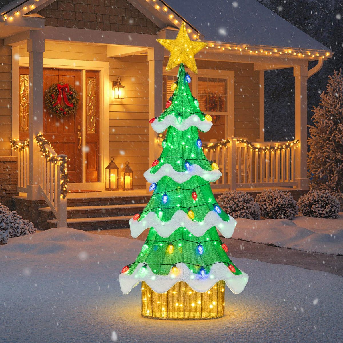 Lighted 3D mesh Christmas tree with 34 colorful strawberry bulbs, snow accents, star topper on Tampa Home & Garden Store