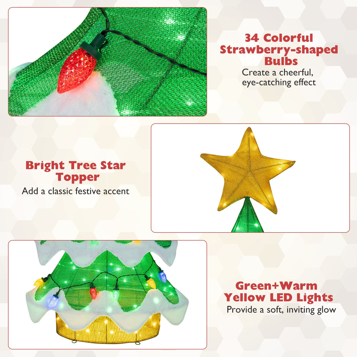 Lighted 3D mesh Christmas tree with green mesh and 34 colorful strawberry bulbs DirectDeals on Tampa Home & Garden Store