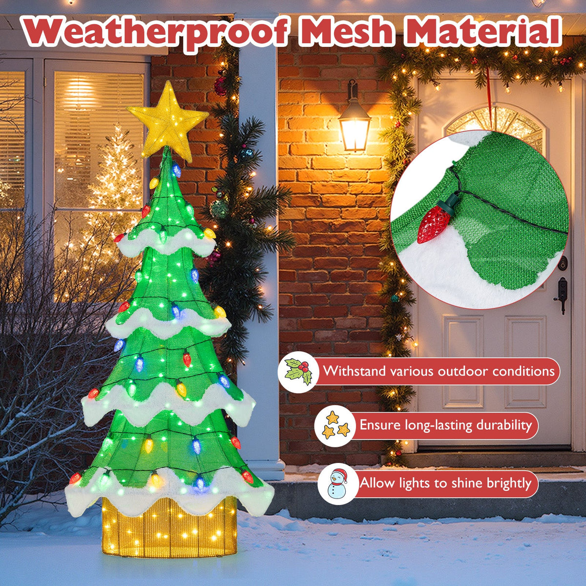 Lighted 3D mesh Christmas tree with 34 colorful strawberry bulbs, green with star topper, use on Tampa Home & Garden Store