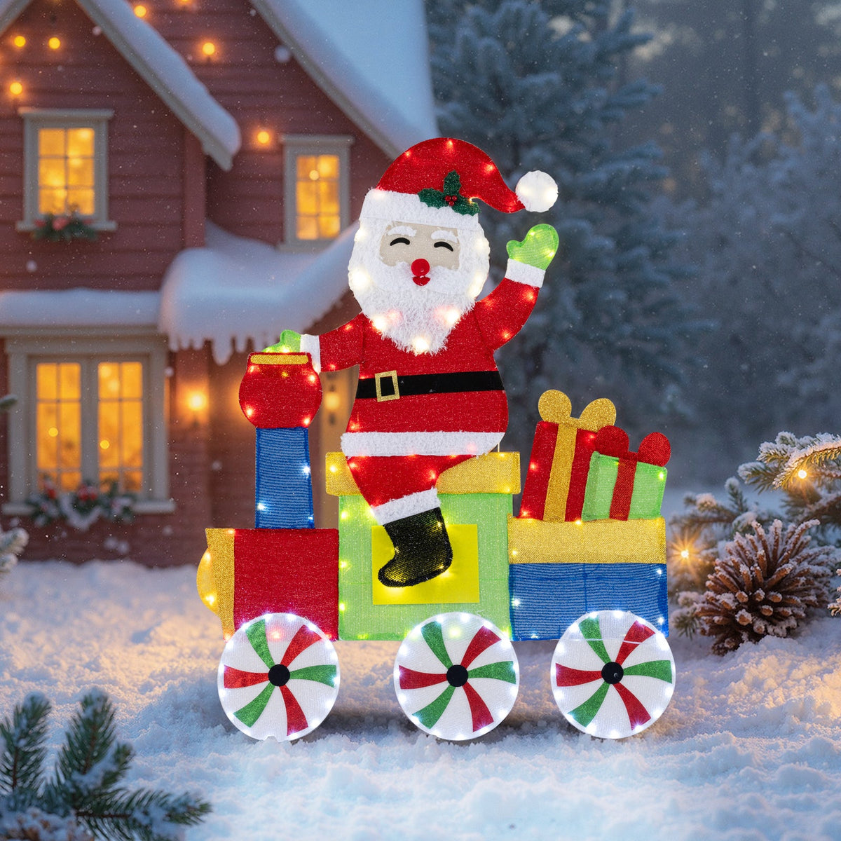DirectDeals lighted Santa on train decoration with LED lights atop colorful gift stacks in snow on Tampa Home & Garden Store