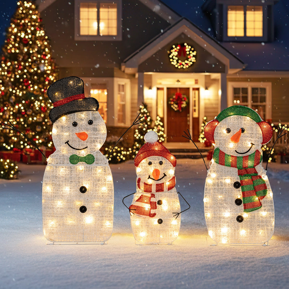 DirectDeals 3-piece lighted snowman family outdoor decor, pre-lit 2D wireframe with hats on Tampa Home & Garden Store