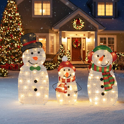 DirectDeals 3-piece lighted snowman family outdoor decor, pre-lit 2D wireframe with hats on Tampa Home & Garden Store