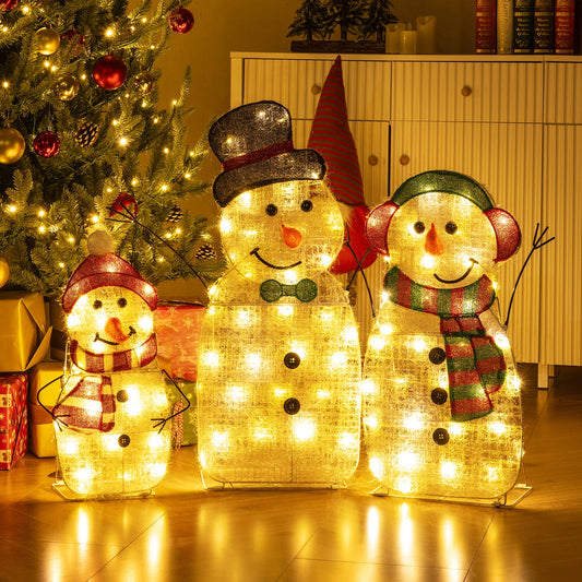 Lighted snowman family 3-piece set with hats and scarves warm LED glow DirectDeals on Tampa Home & Garden Store