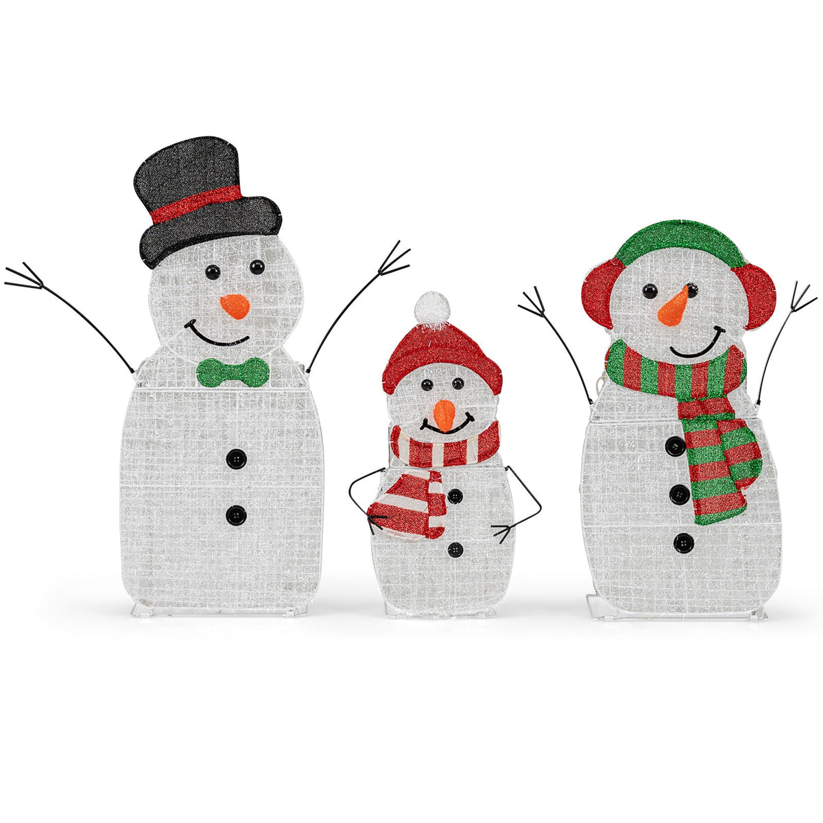 Lighted 3-piece snowman set, glittery 2D figures with top-hat, red-hat, green-hat accents on Tampa Home & Garden Store