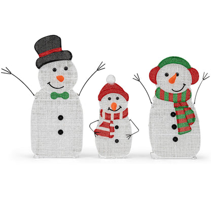 Lighted 3-piece snowman set, glittery 2D figures with top-hat, red-hat, green-hat accents on Tampa Home & Garden Store