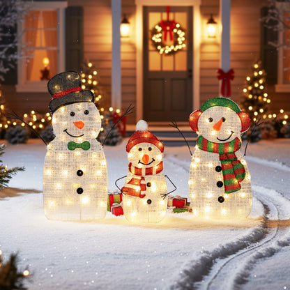 Lighted snowman family 3-piece set by DirectDeals, pre-lit 2D outdoor decor with hats on Tampa Home & Garden Store