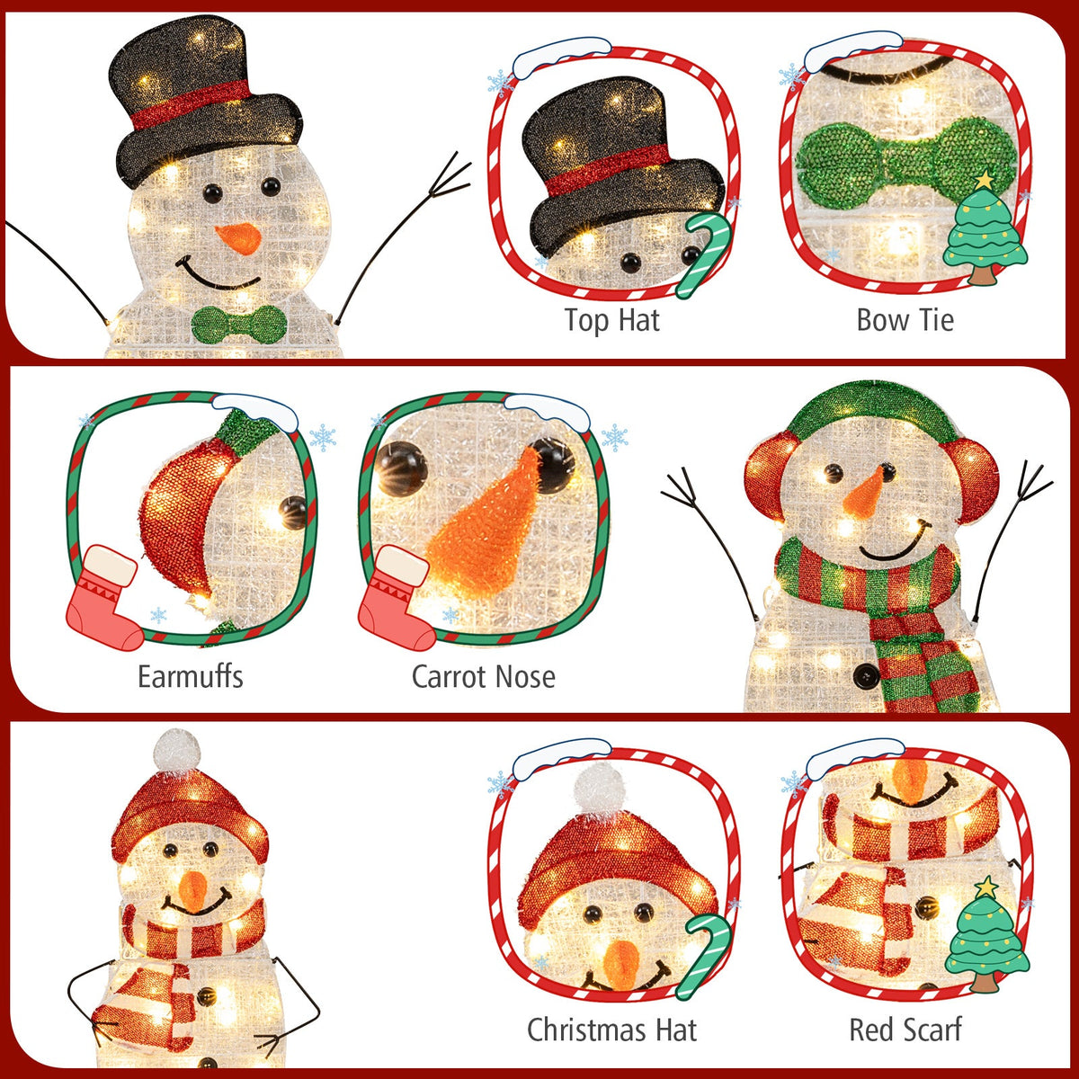 Lighted Snowman Family 3-piece set in candy-cane frames, DirectDeals pre-lit 2D snowmen on Tampa Home & Garden Store