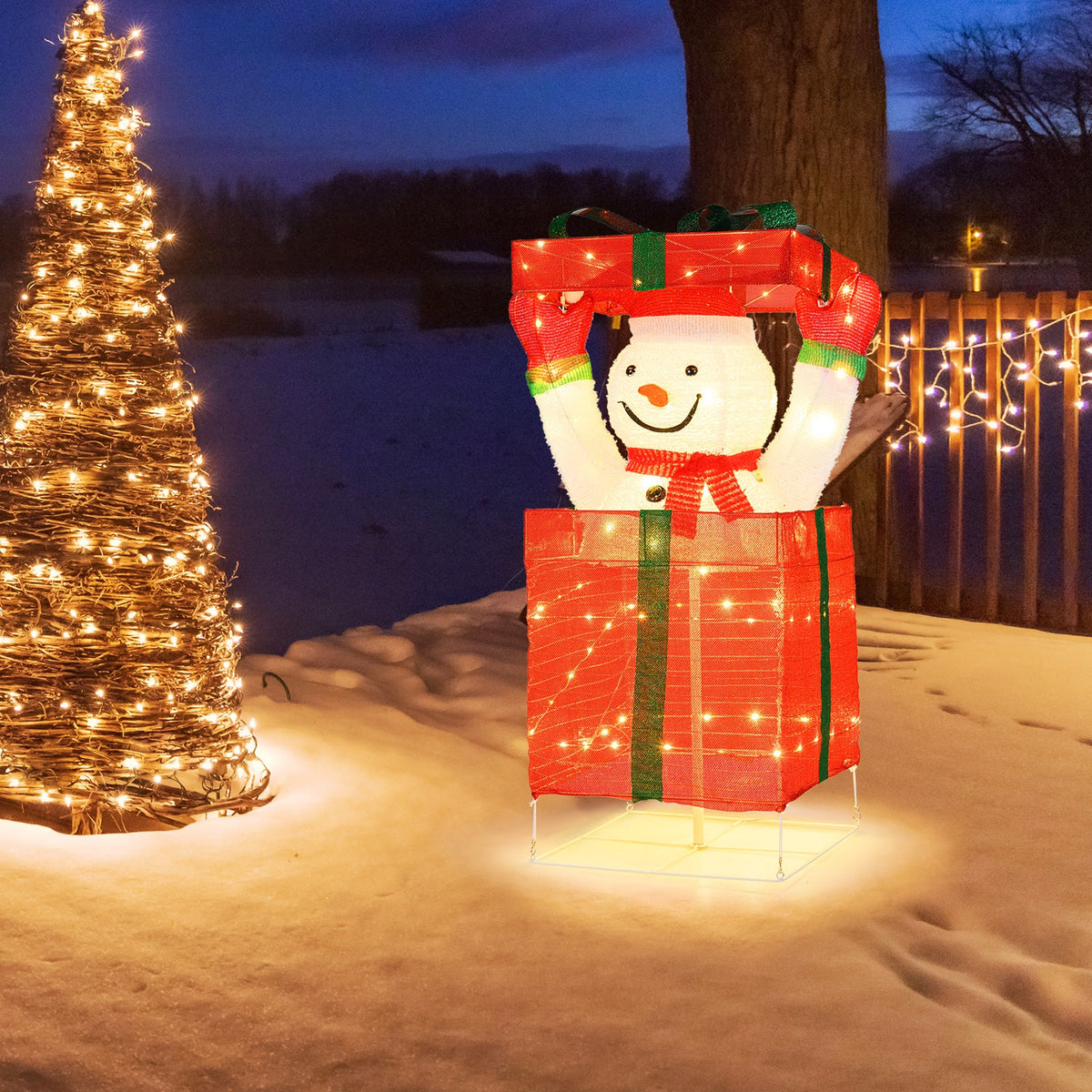 Lighted snowman in gift box Christmas decoration with red boxes and warm LED lights DirectDeals on Tampa Home & Garden Store
