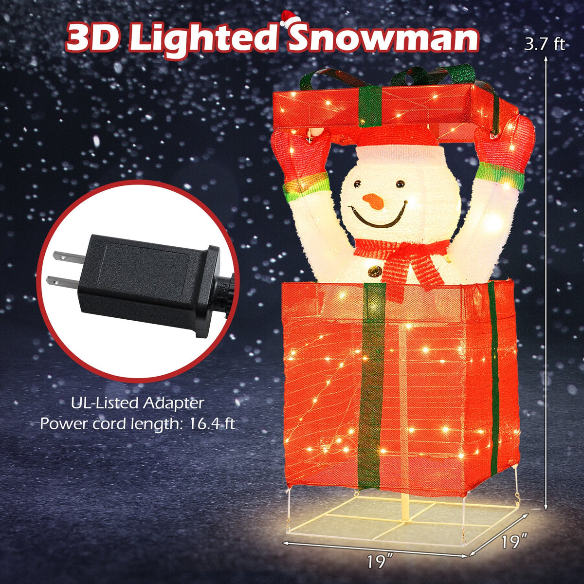 Lighted snowman in stacked red gift boxes with green ribbons and warm LEDs by DirectDeals on Tampa Home & Garden Store