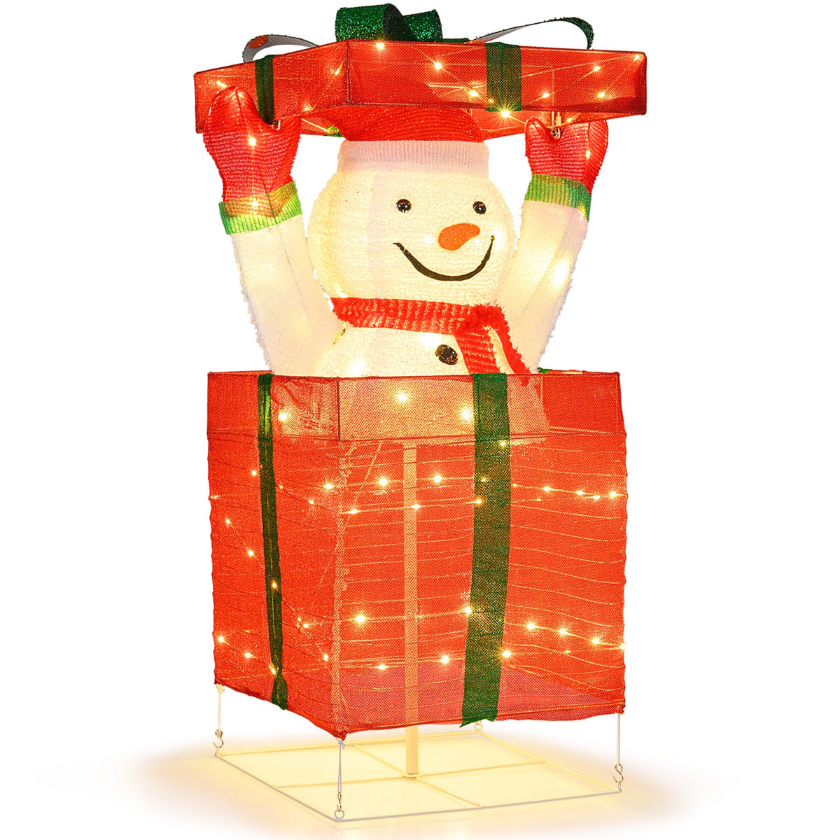 Lighted snowman in stacked red gift boxes with green ribbons and lights by DirectDeals on Tampa Home & Garden Store