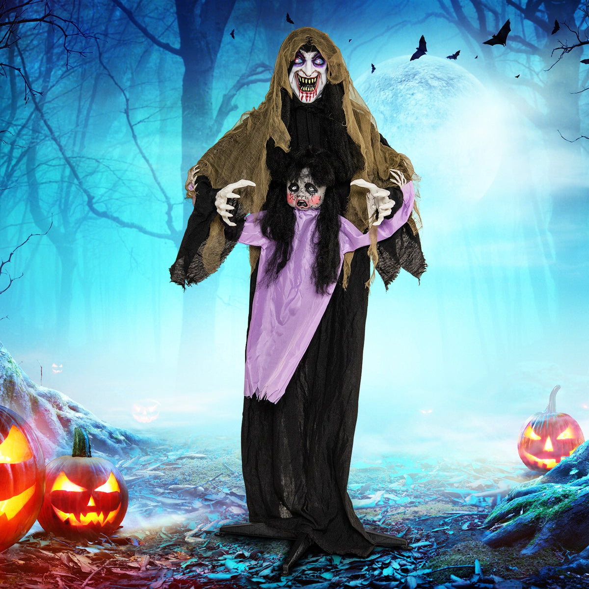 Lighted animated vampire lawn statue with LED, tall hooded figure and ghoul decor on Tampa Home & Garden Store