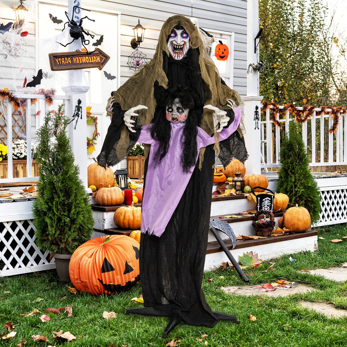 Lighted animated vampire lawn decoration with purple sash and long black cloak for yard on Tampa Home & Garden Store