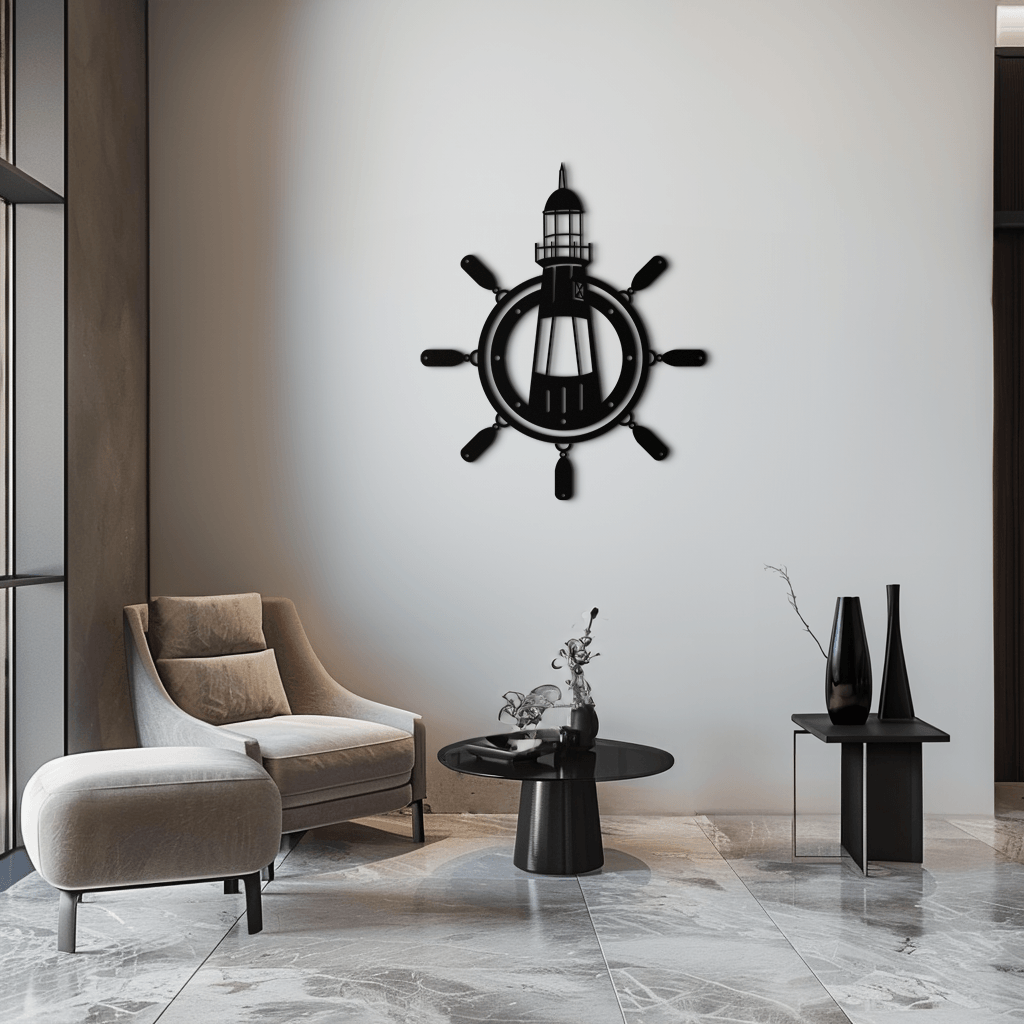Lighthouse and Ship Wheel Metal Wall Art - Nautical Steel Wall Decor - KAF028 - Tampa Home & Garden Store