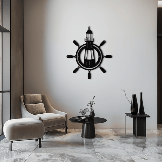 Lighthouse and Ship Wheel Metal Wall Art - Nautical Steel Wall Decor - KAF028 - Tampa Home & Garden Store