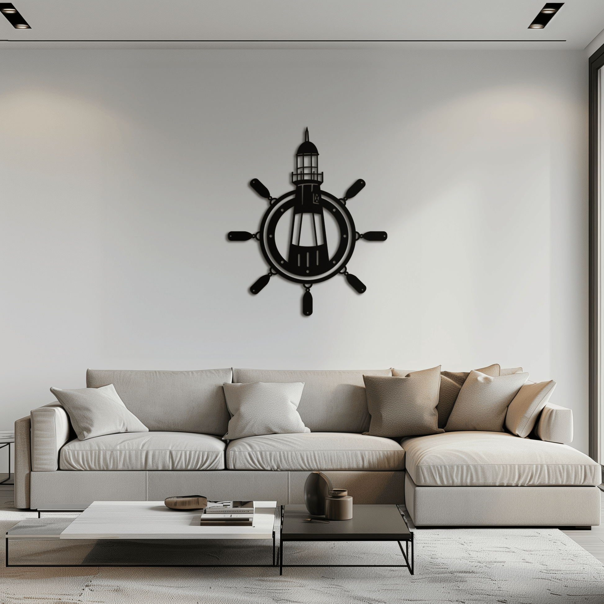 Lighthouse and Ship Wheel Metal Wall Art - Nautical Steel Wall Decor - KAF028 - Tampa Home & Garden Store