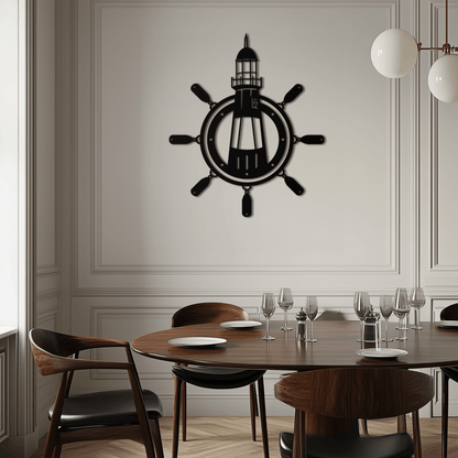 Lighthouse and Ship Wheel Metal Wall Art - Nautical Steel Wall Decor - KAF028 - Tampa Home & Garden Store