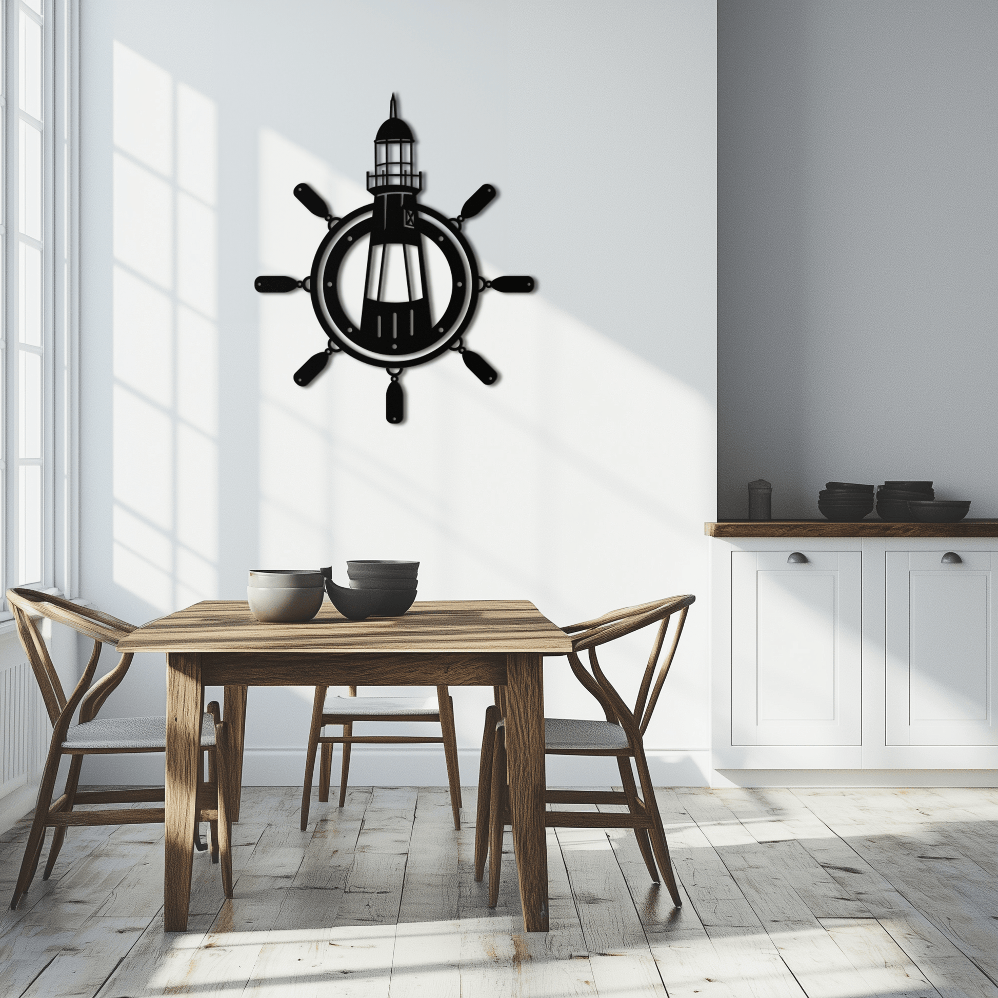 Lighthouse and Ship Wheel Metal Wall Art - Nautical Steel Wall Decor - KAF028 - Tampa Home & Garden Store