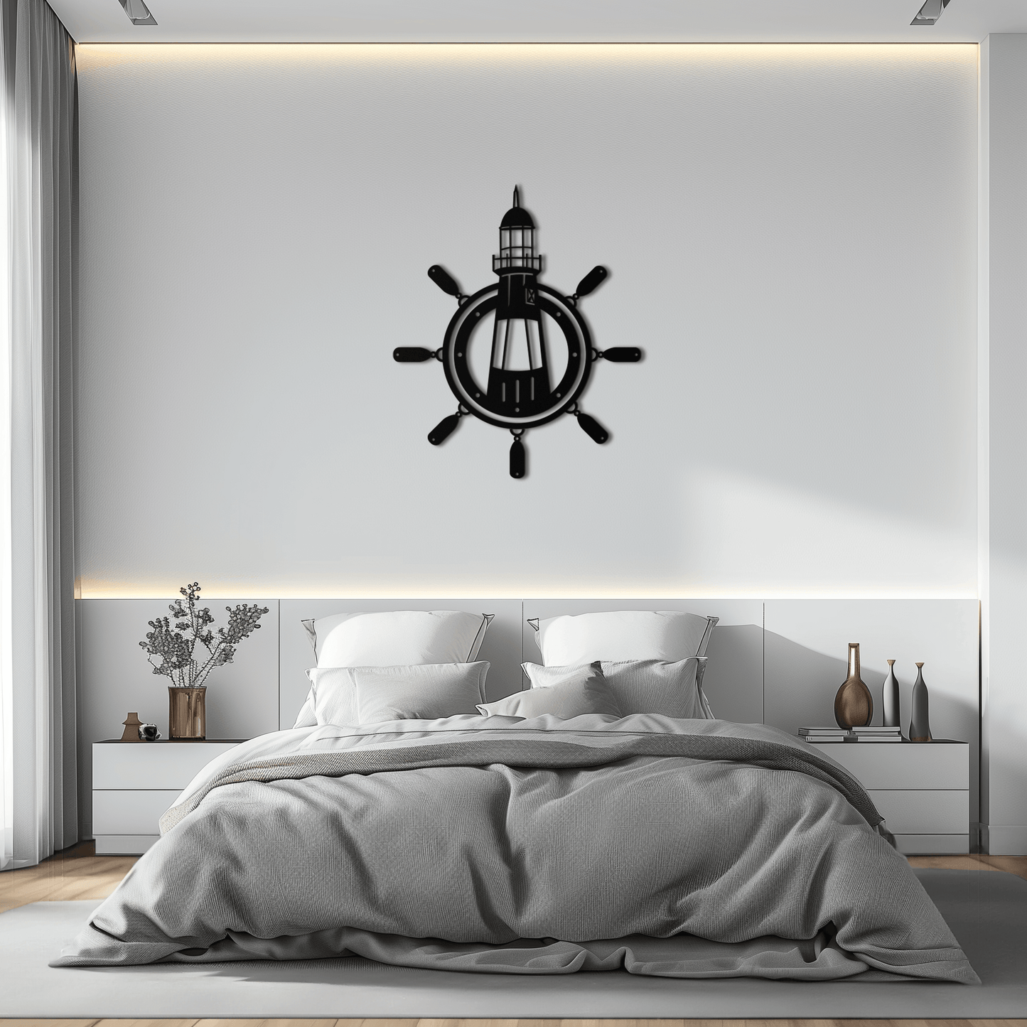 Lighthouse and Ship Wheel Metal Wall Art - Nautical Steel Wall Decor - KAF028 - Tampa Home & Garden Store