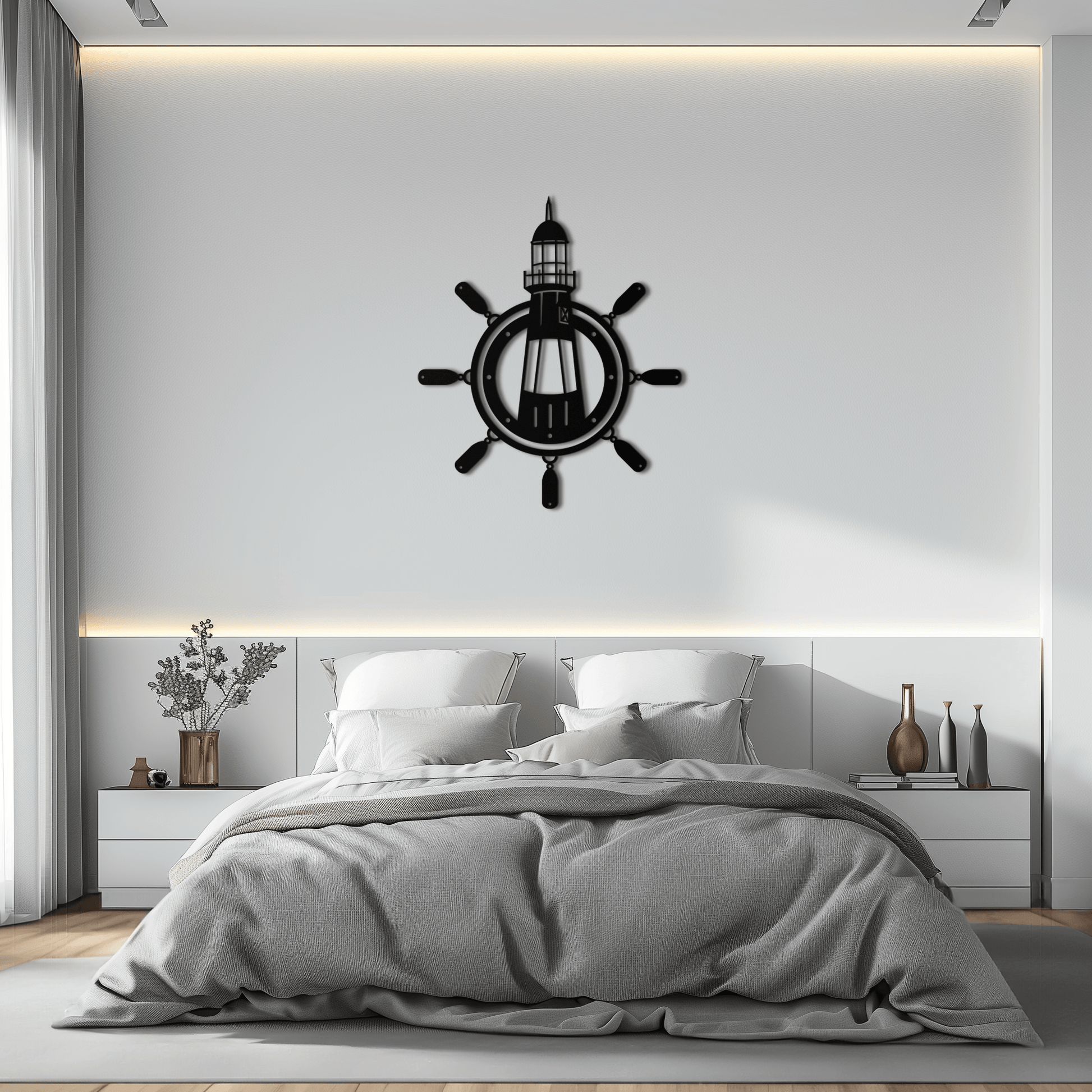 Lighthouse and Ship Wheel Metal Wall Art - Nautical Steel Wall Decor - KAF028 - Tampa Home & Garden Store