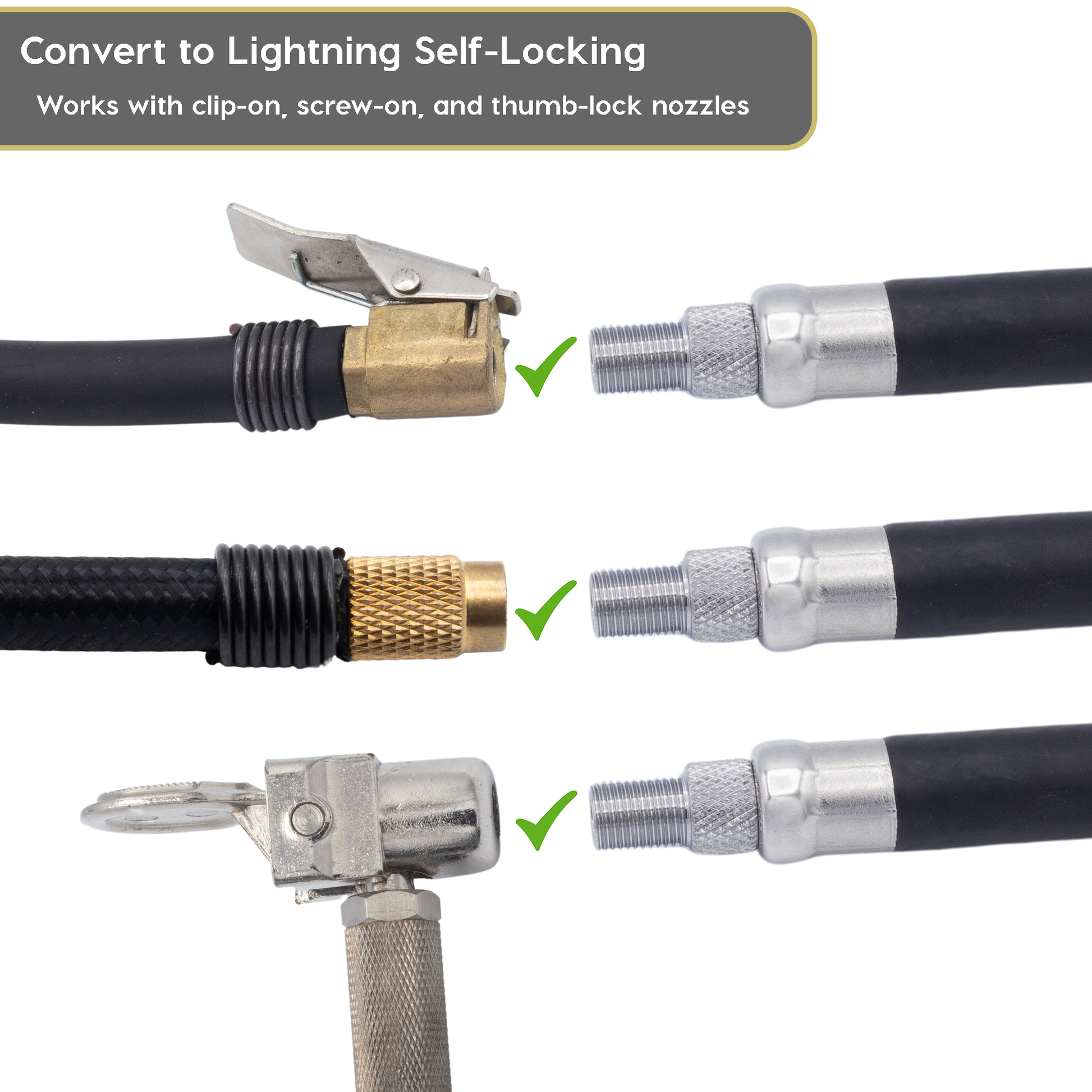 Lightning L2X Tire Inflator Hose Extension Self-Locking Nozzle | Patented Lock-on Air Hose Adapter for Tire Pumps (Open Flow) - Tampa Home & Garden Store