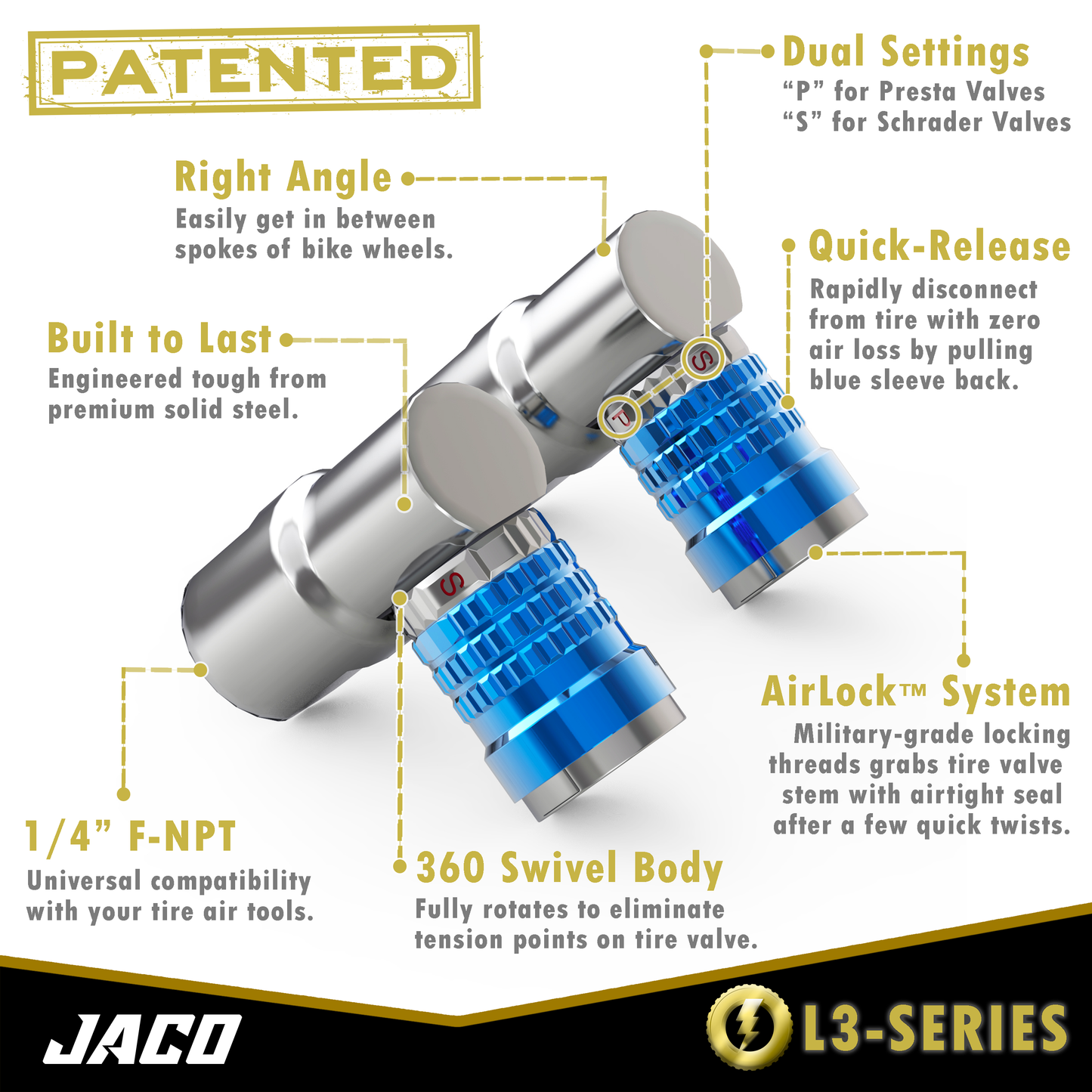 Lightning™ L3-Series Bike Tire Air Chuck - 1/4" F-NPT (Presta + Schrader Valves) | Open Flow (2 Pack) - Tampa Home & Garden Store