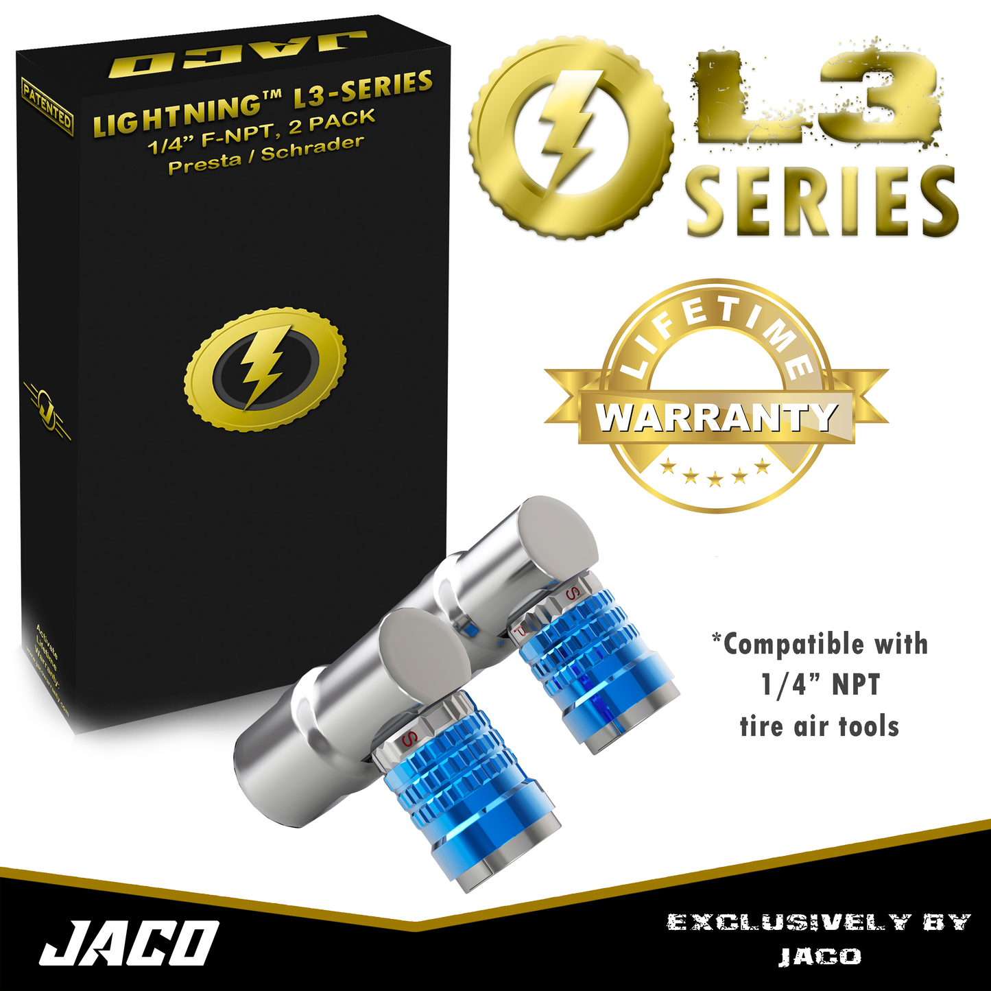 Lightning™ L3-Series Bike Tire Air Chuck - 1/4" F-NPT (Presta + Schrader Valves) | Open Flow (2 Pack) - Tampa Home & Garden Store