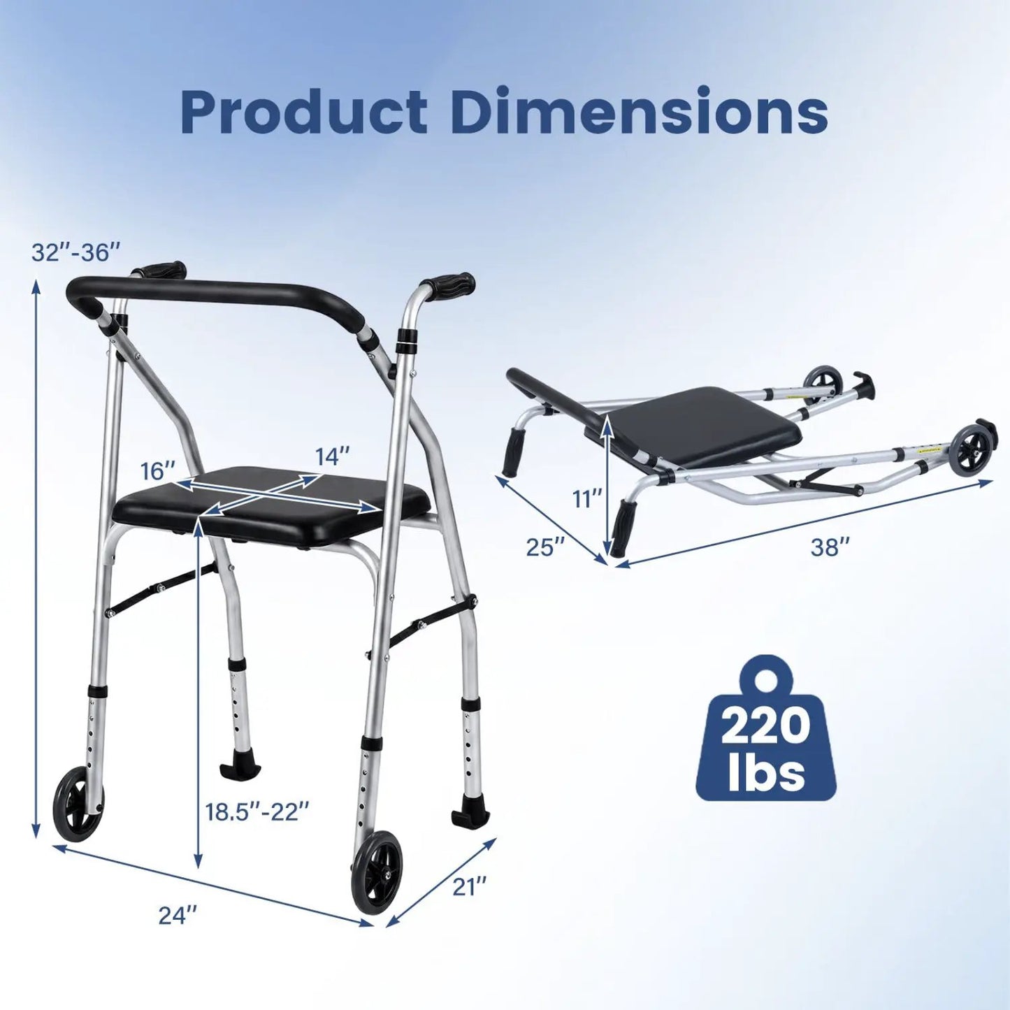 Lightweight Aluminum Mobility Walker with 2 Wheels