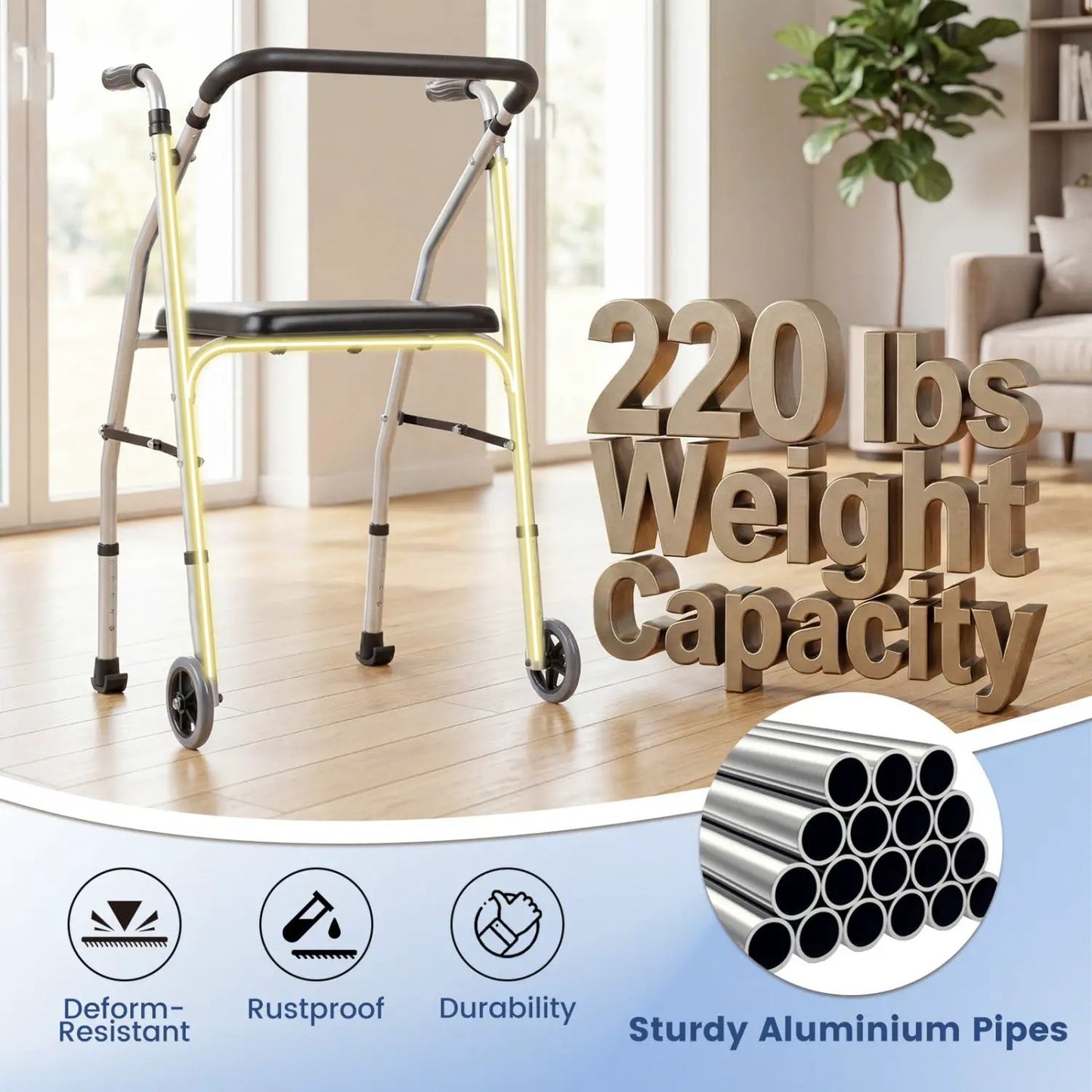 Lightweight Aluminum Mobility Walker with 2 Wheels