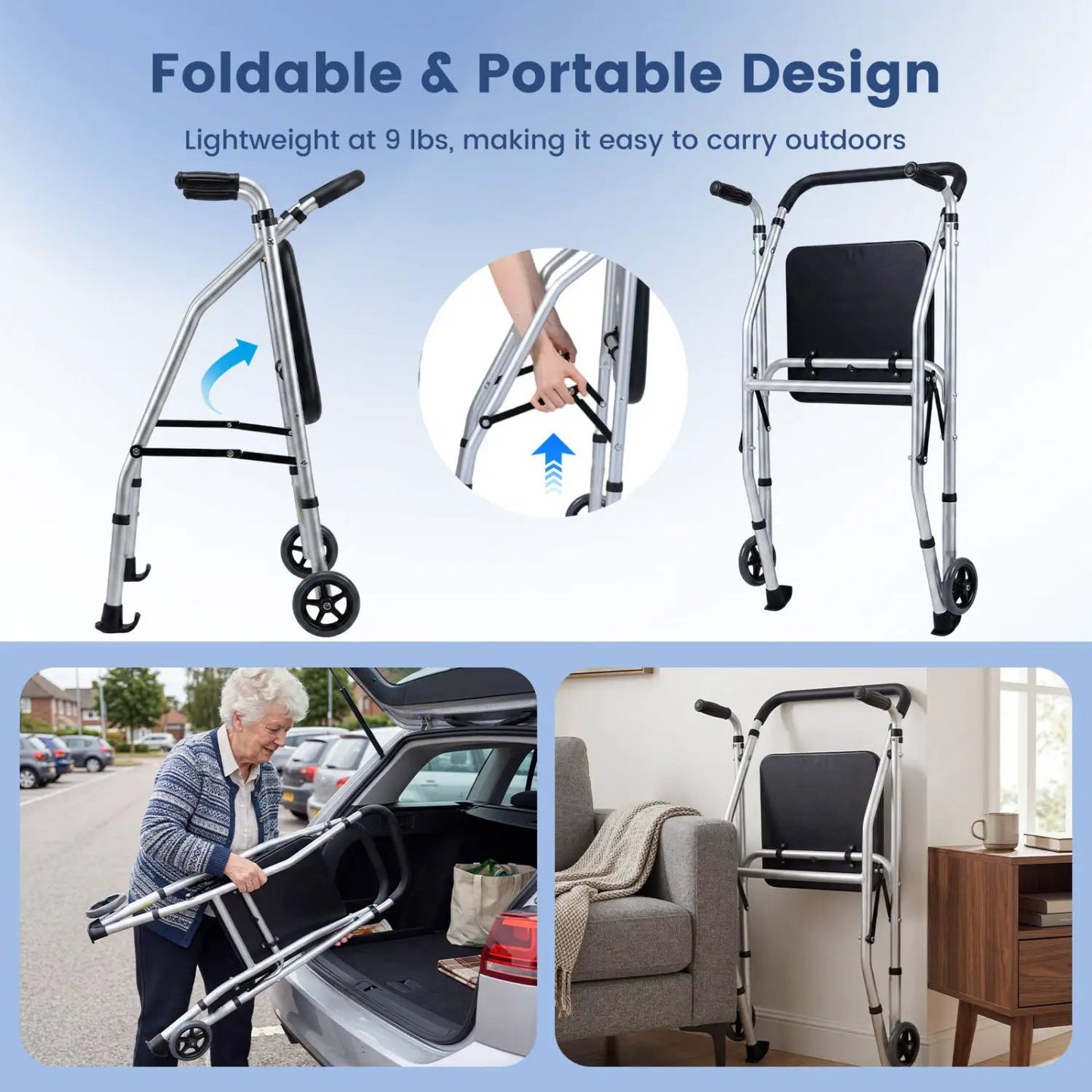 Lightweight Aluminum Mobility Walker with 2 Wheels