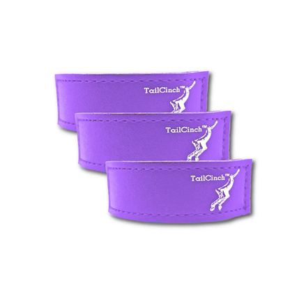 TailCinch Equine Tail Ties set of 3 in purple leather with white logo on Tampa Home & Garden Store