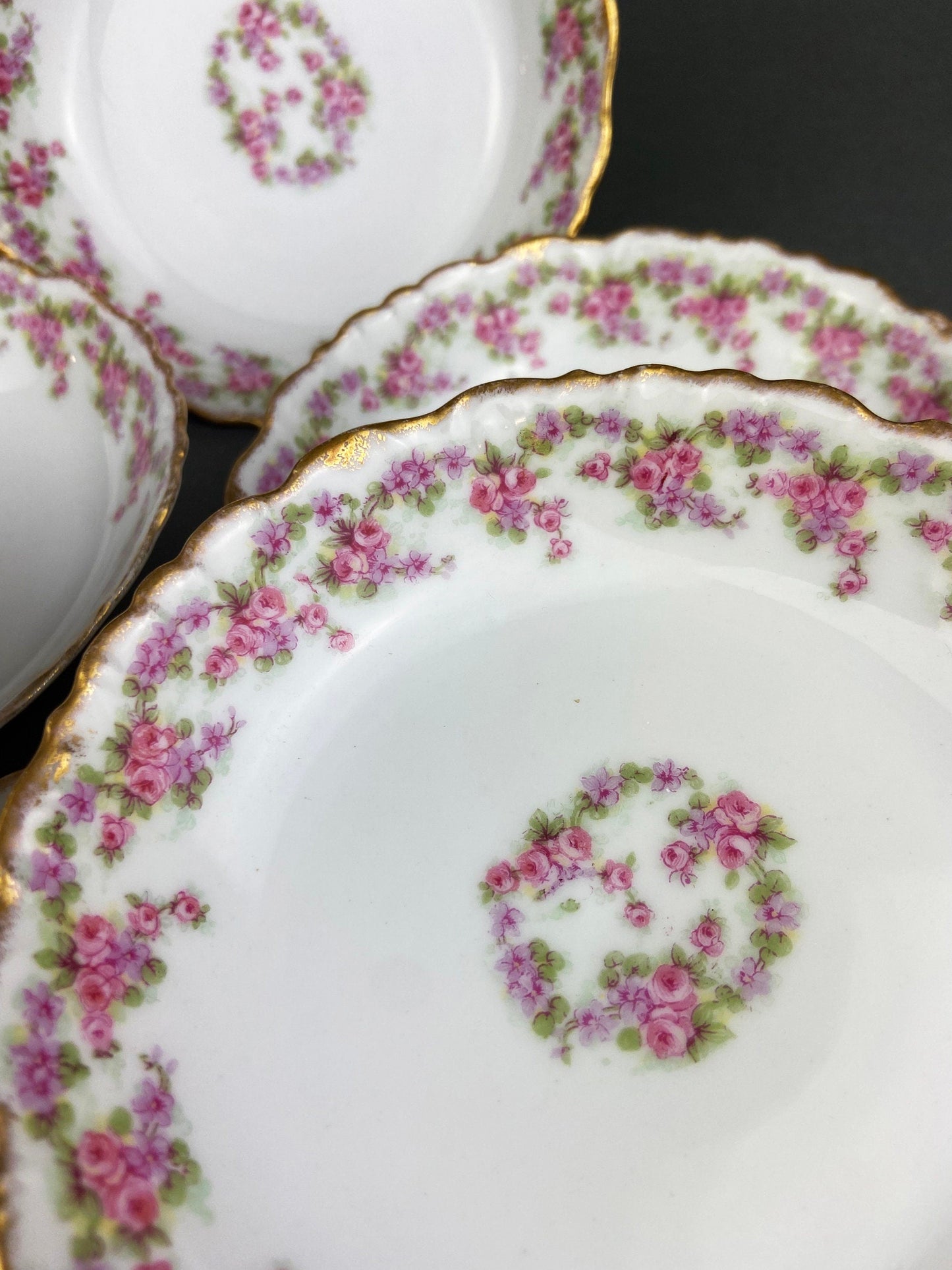 Limoges Elite Set of Five Bread, Salad, 8.75 inch Plates with Pink Roses and Scalloped Rim.  Antique Limoges Dishes. - Tampa Home & Garden Store