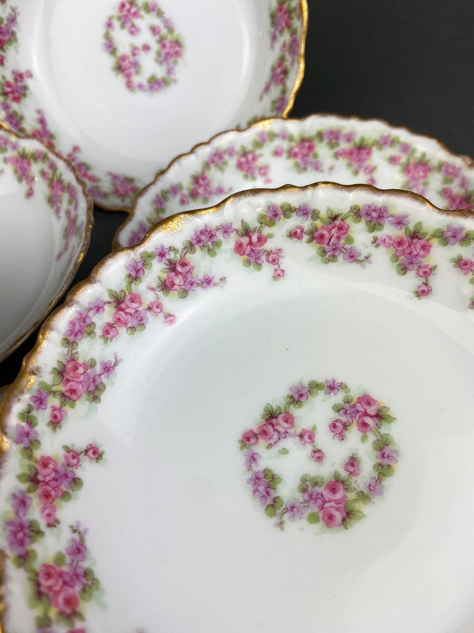 Limoges Elite Set of Five Bread, Salad, 8.75 inch Plates with Pink Roses and Scalloped Rim.  Antique Limoges Dishes. - Tampa Home & Garden Store