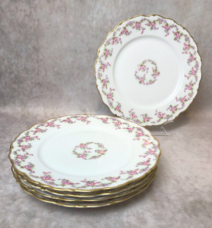 Limoges Elite Set of Five Bread, Salad, 8.75 inch Plates with Pink Roses and Scalloped Rim.  Antique Limoges Dishes. - Tampa Home & Garden Store