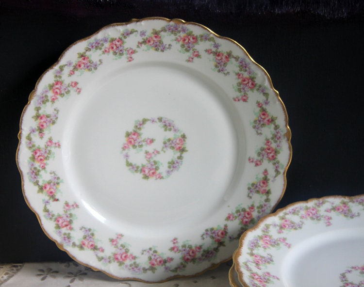 Limoges Elite Set of Five Bread, Salad, 8.75 inch Plates with Pink Roses and Scalloped Rim.  Antique Limoges Dishes. - Tampa Home & Garden Store