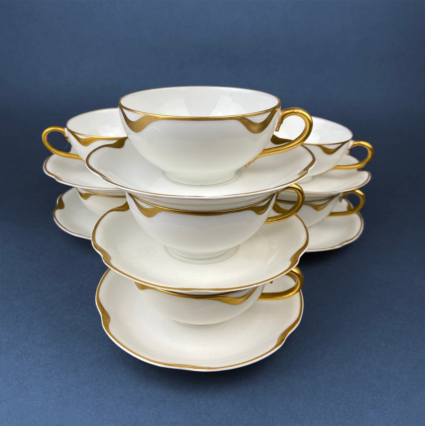 Limoges Haviland Teacup and Saucer, Gold Scalloped Rim, Silver Anniversary Pattern - Tampa Home & Garden Store