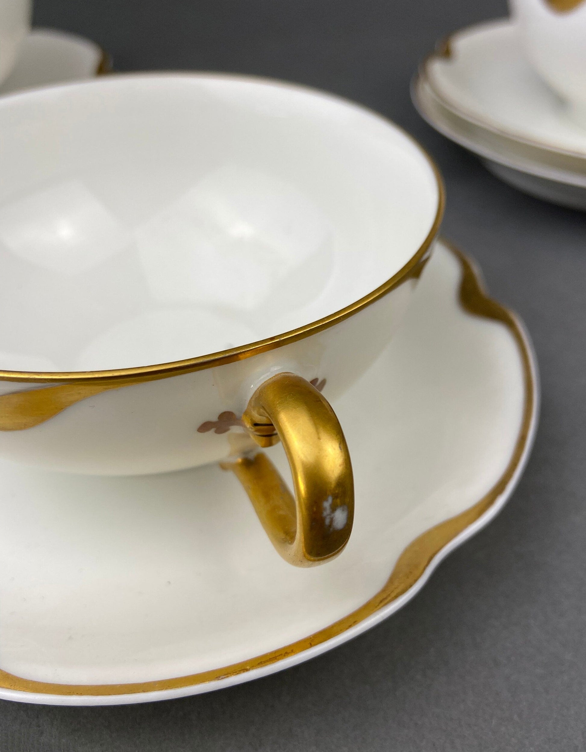 Limoges Haviland Teacup and Saucer, Gold Scalloped Rim, Silver Anniversary Pattern - Tampa Home & Garden Store